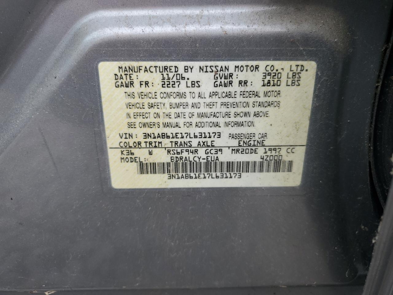 3N1AB61E17L631173 2007 Nissan Sentra 2.0