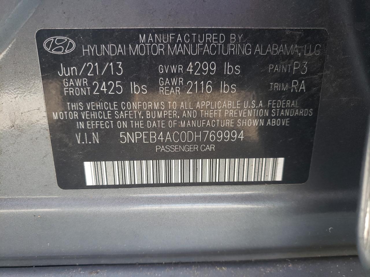 5NPEB4AC0DH769994 2013 Hyundai Sonata Gls