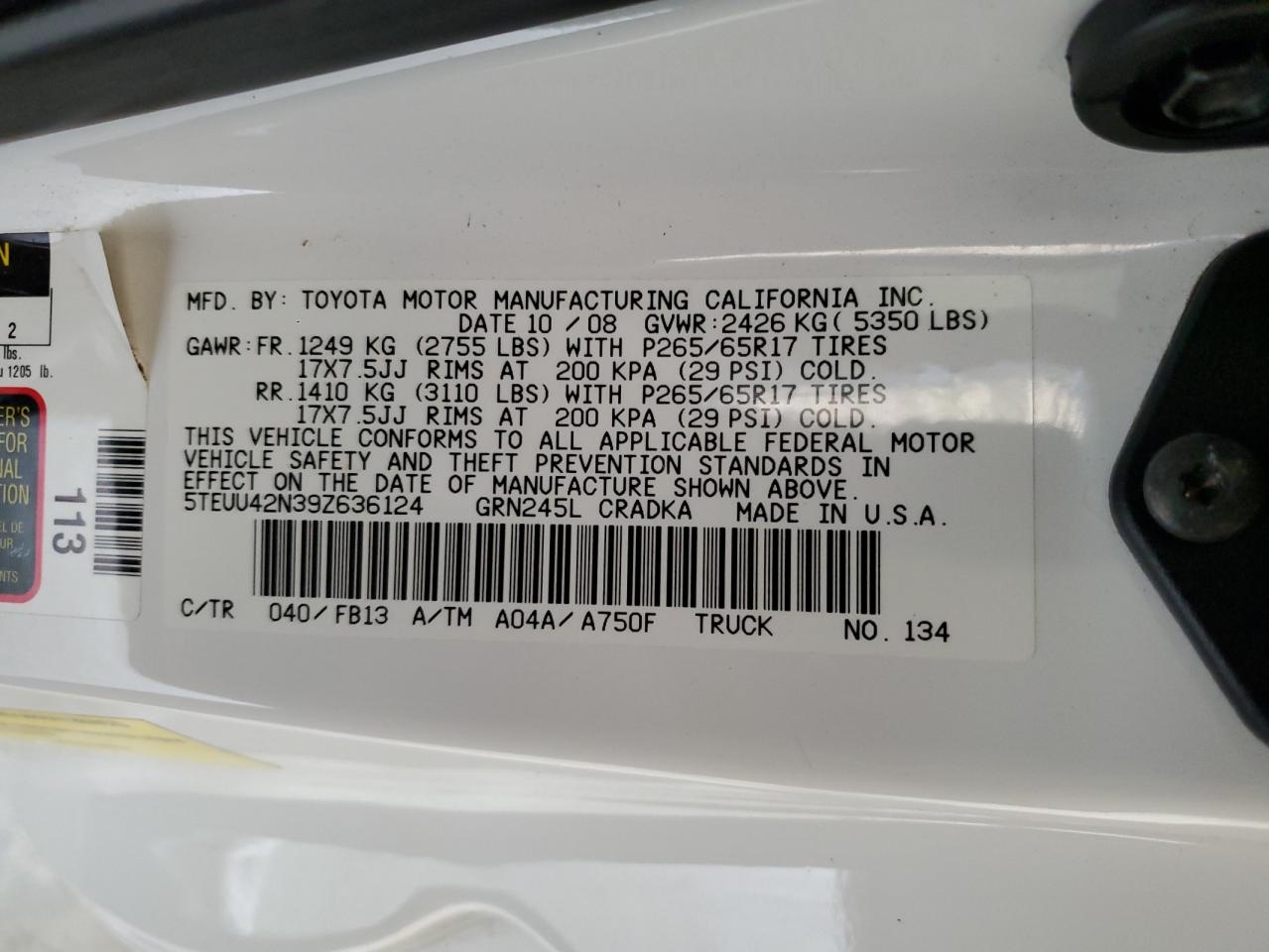 5TEUU42N39Z636124 2009 Toyota Tacoma Access Cab