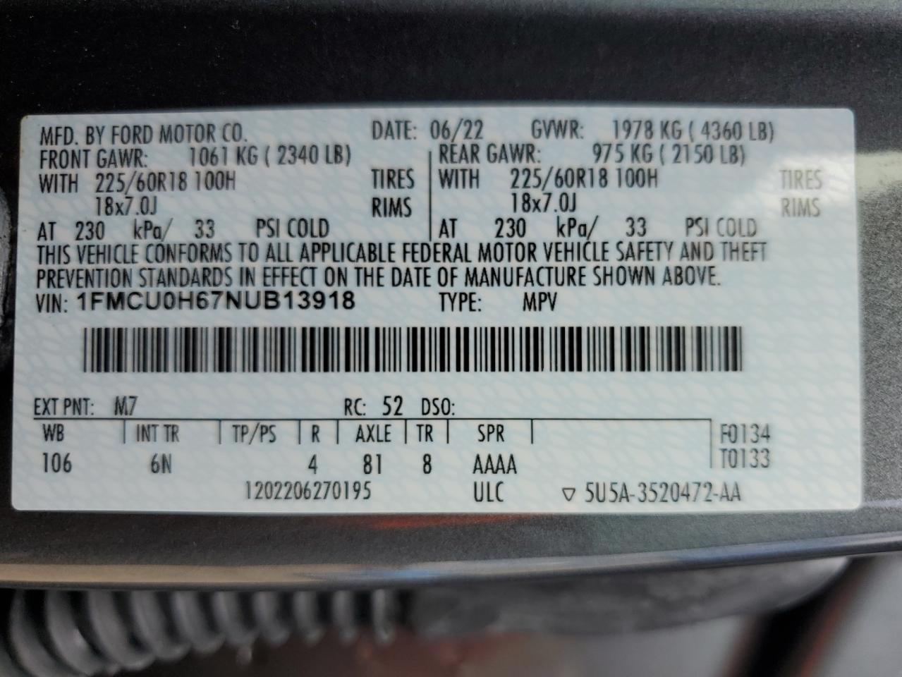 1FMCU0H67NUB13918 2022 Ford Escape Sel