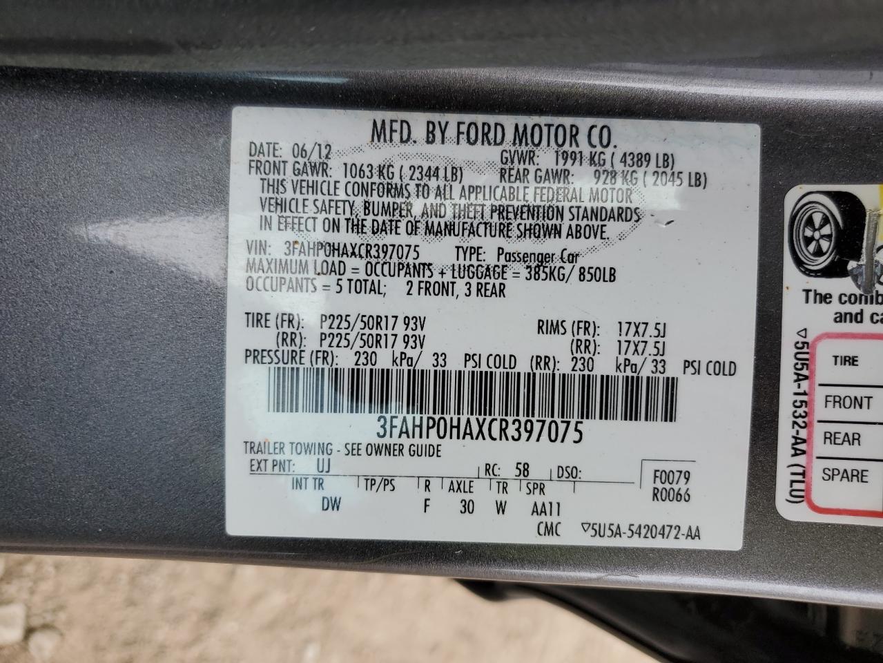 3FAHP0HAXCR397075 2012 Ford Fusion Se