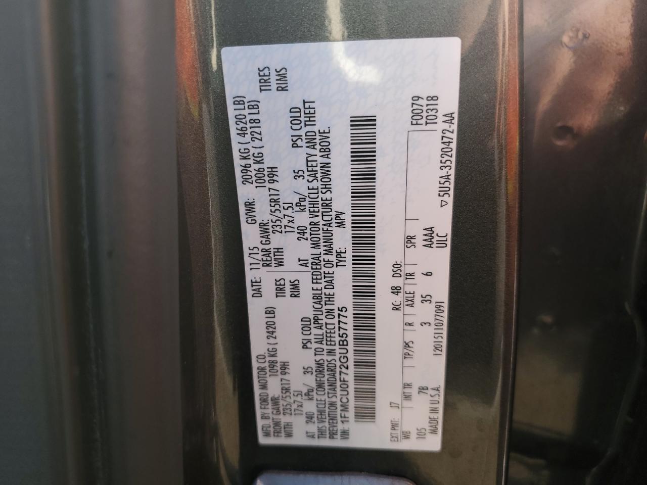 1FMCU0F72GUB57775 2016 Ford Escape S