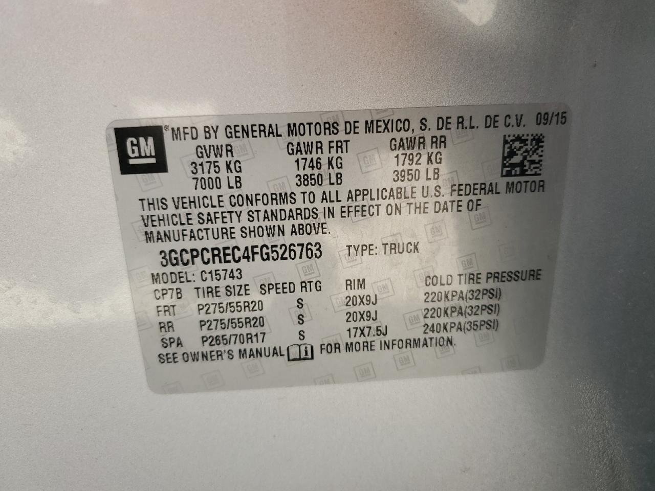 3GCPCREC4FG526763 2015 Chevrolet Silverado C1500 Lt