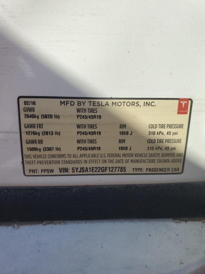 2016 Tesla Model S VIN: 5YJSA1E22GF127785 Lot: 73842204