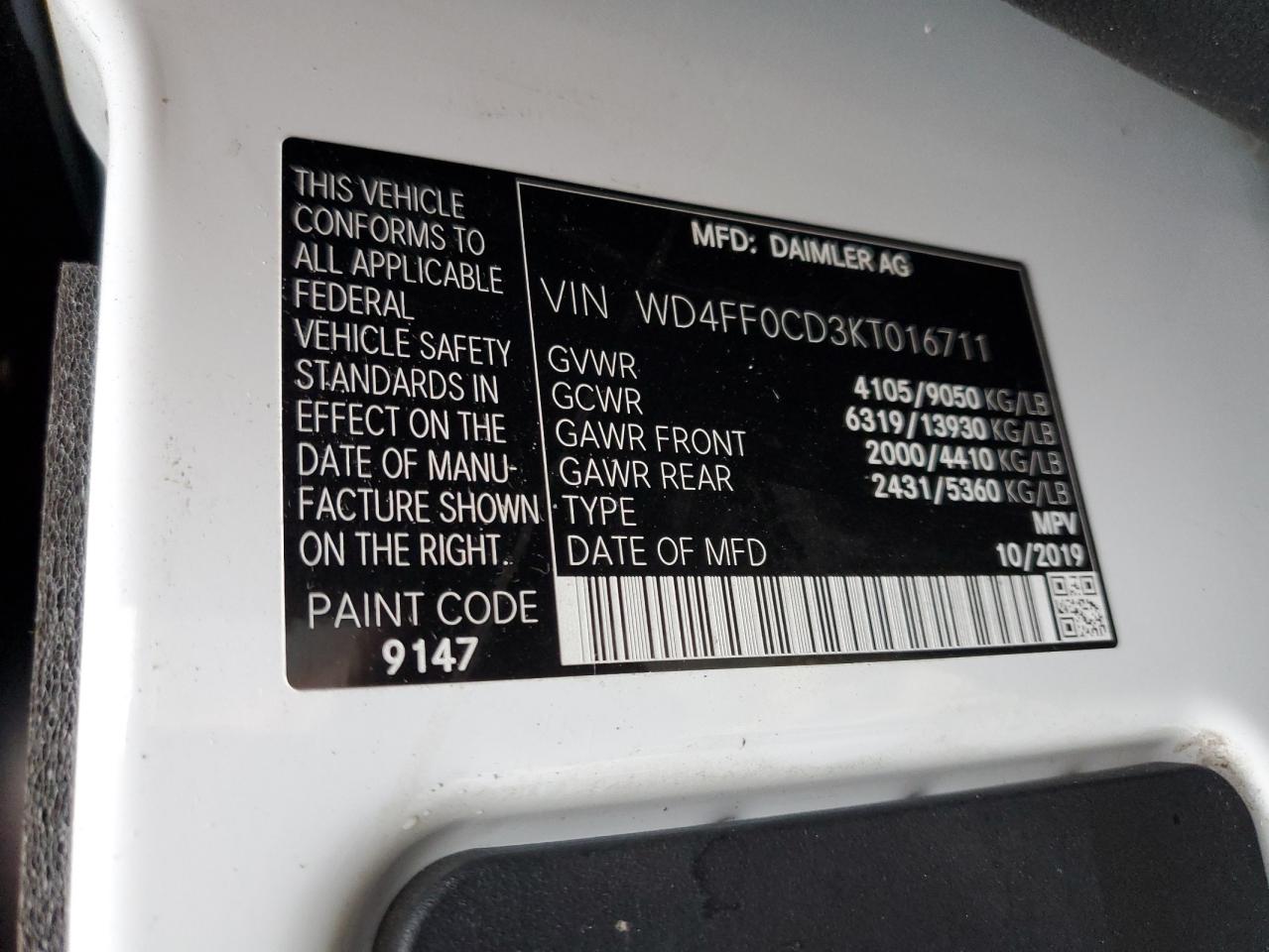 WD4FF0CD3KT016711 2019 Mercedes-Benz Sprinter 2500/3500