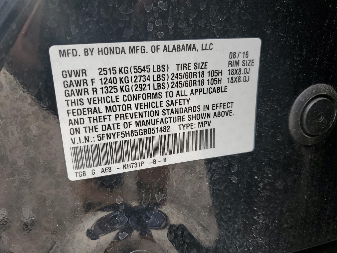 5FNYF5H85GB051482 2016 HONDA PILOT - Image 12