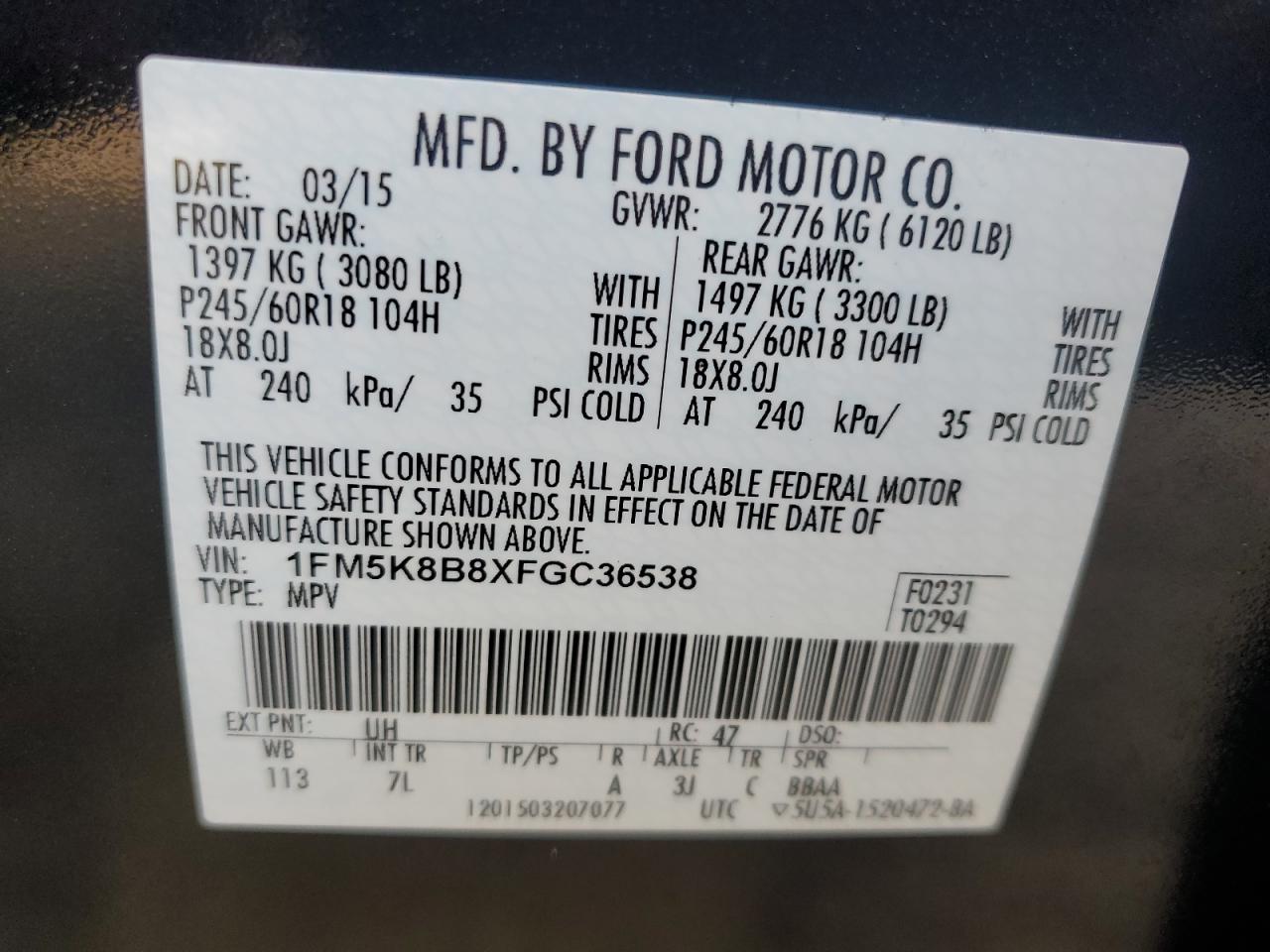 1FM5K8B8XFGC36538 2015 FORD EXPLORER - Image 15