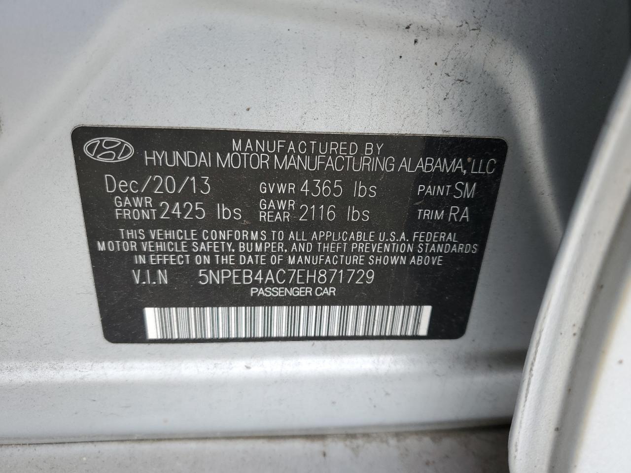 5NPEB4AC7EH871729 2014 Hyundai Sonata Gls