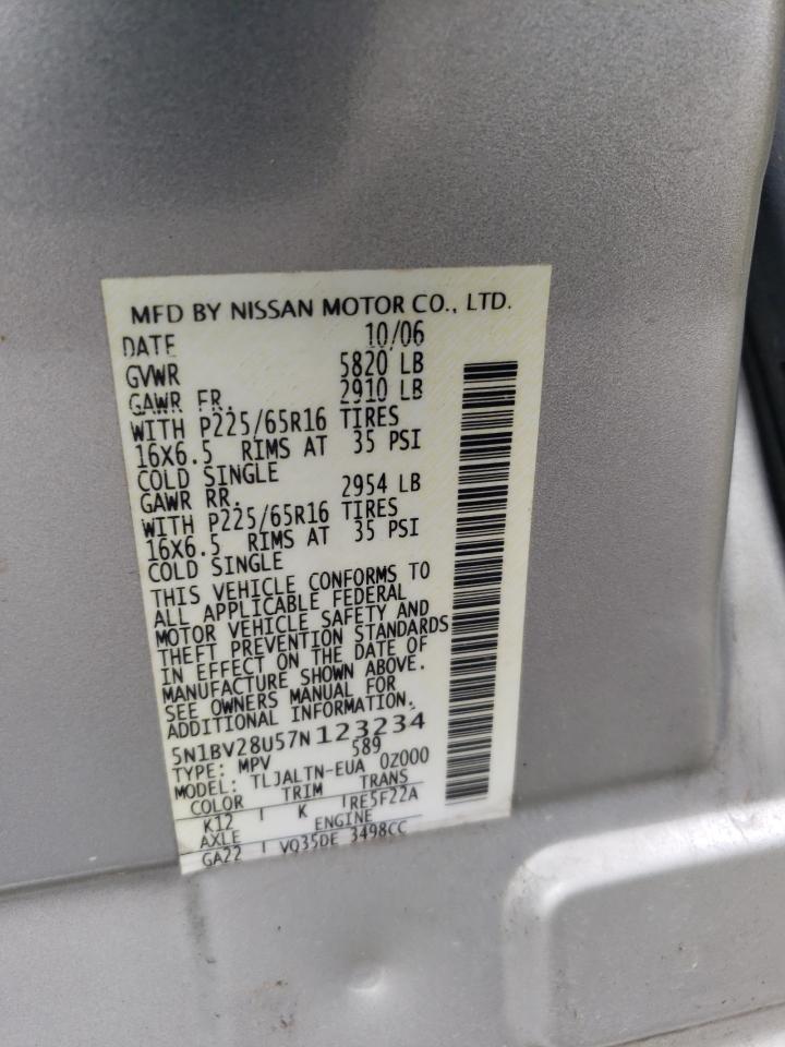 2007 Nissan Quest S VIN: 5N1BV28U57N123234 Lot: 72026404