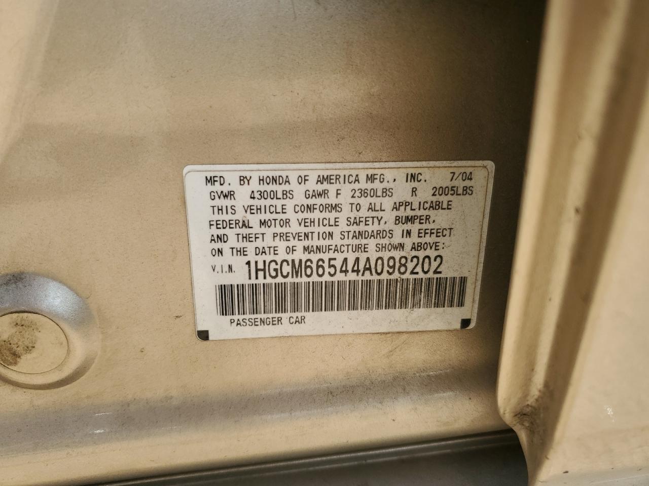 1HGCM66544A098202 2004 Honda Accord Ex