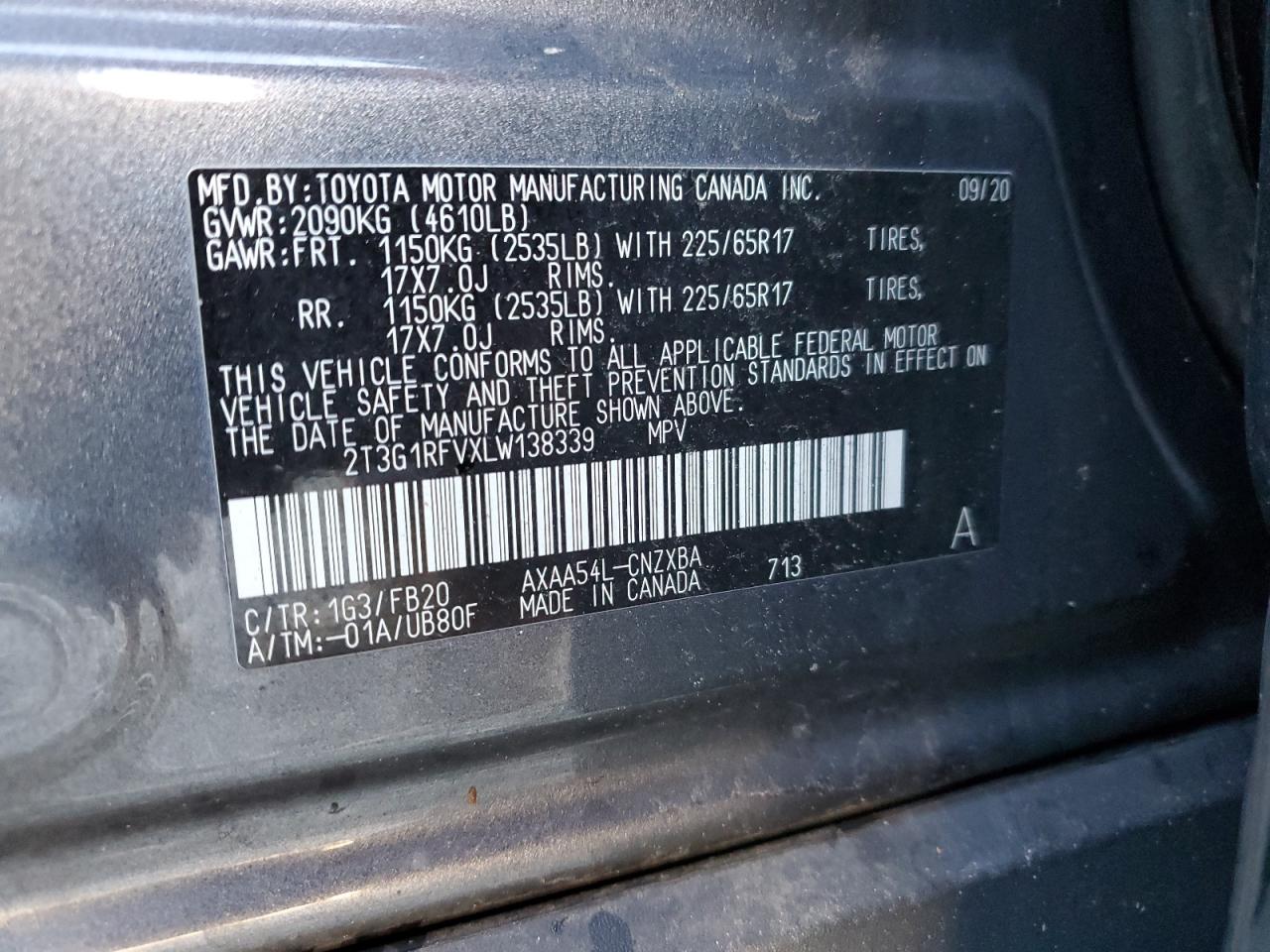 2T3G1RFVXLW138339 2020 Toyota Rav4 Le