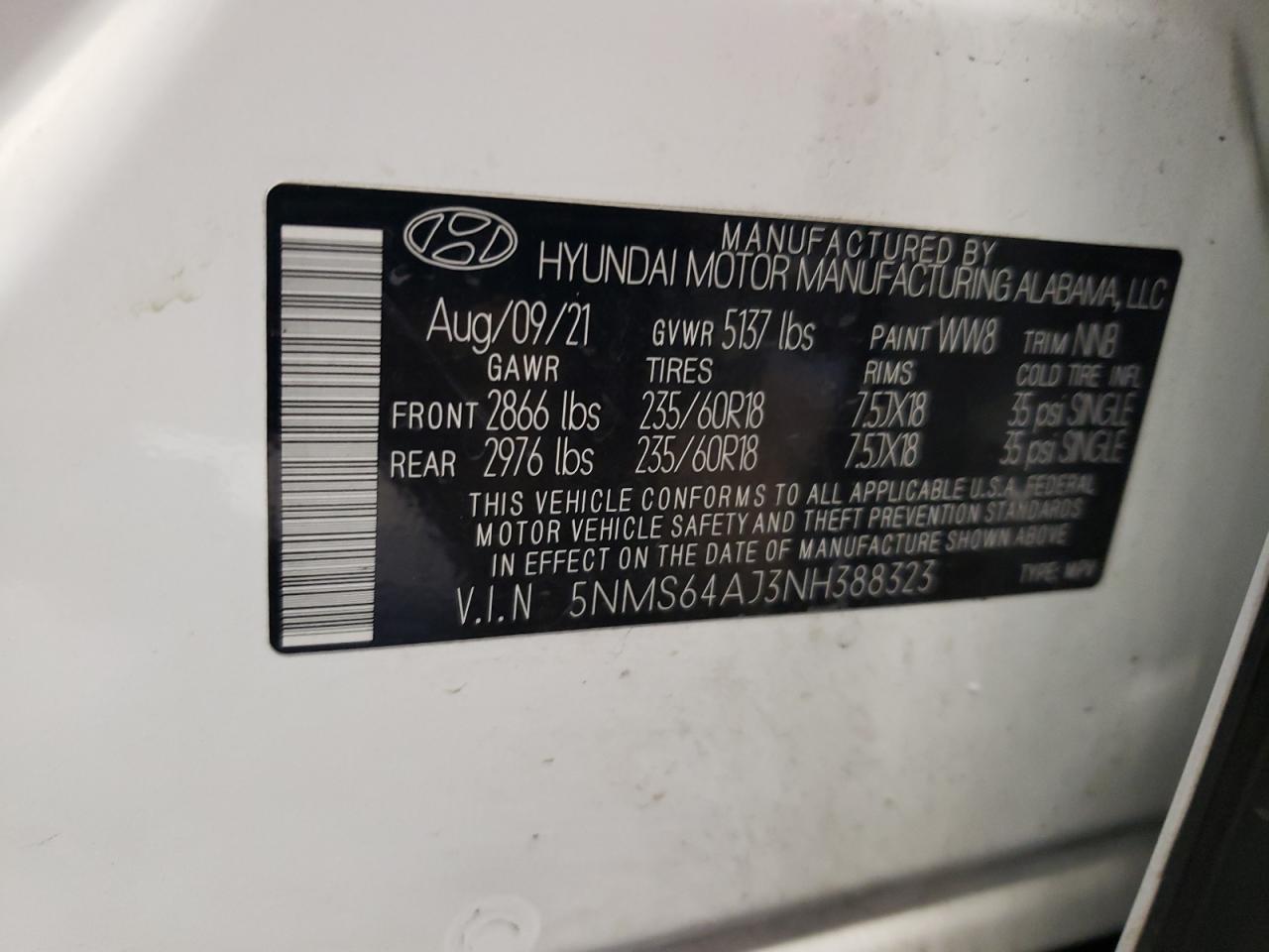 5NMS64AJ3NH388323 2022 Hyundai Santa Fe Sel