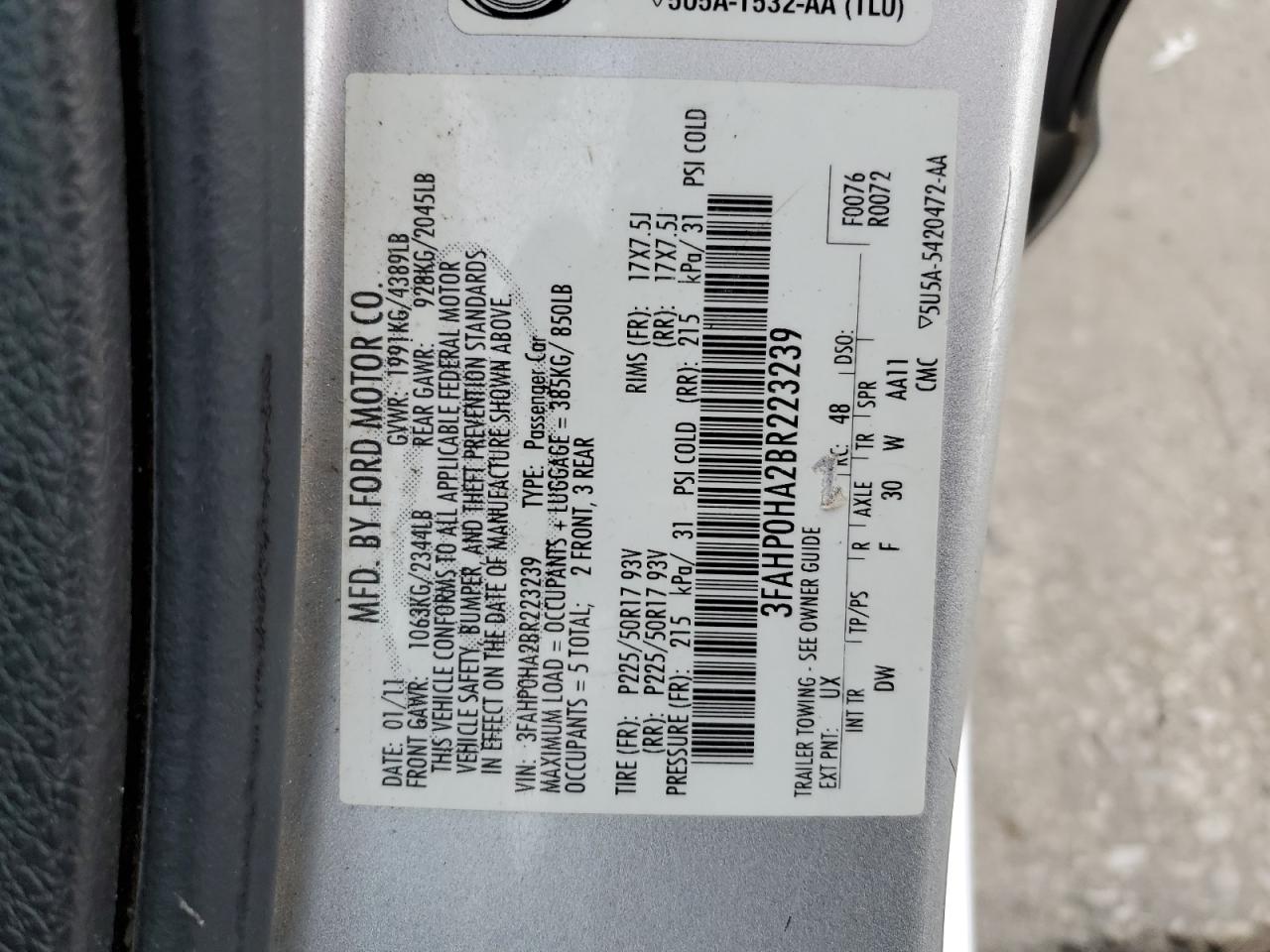 3FAHP0HA2BR223239 2011 Ford Fusion Se