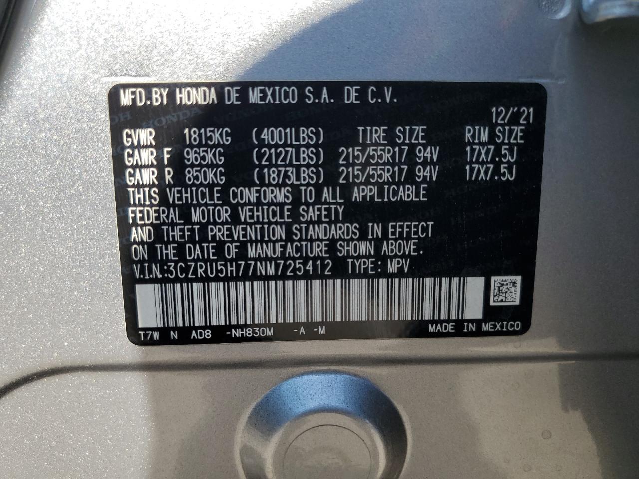 3CZRU5H77NM725412 2022 Honda Hr-V Exl