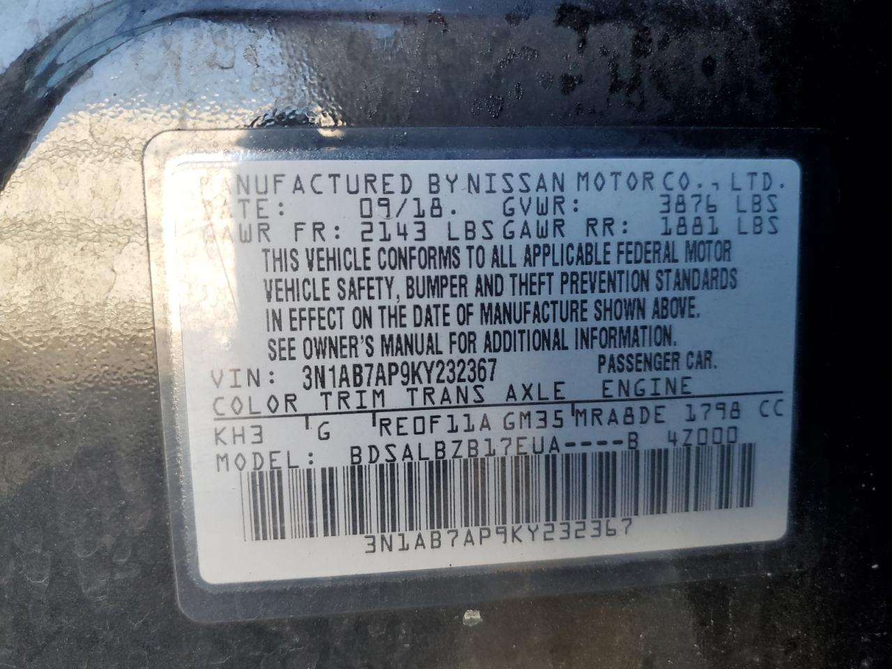 3N1AB7AP9KY232367 2019 Nissan Sentra S