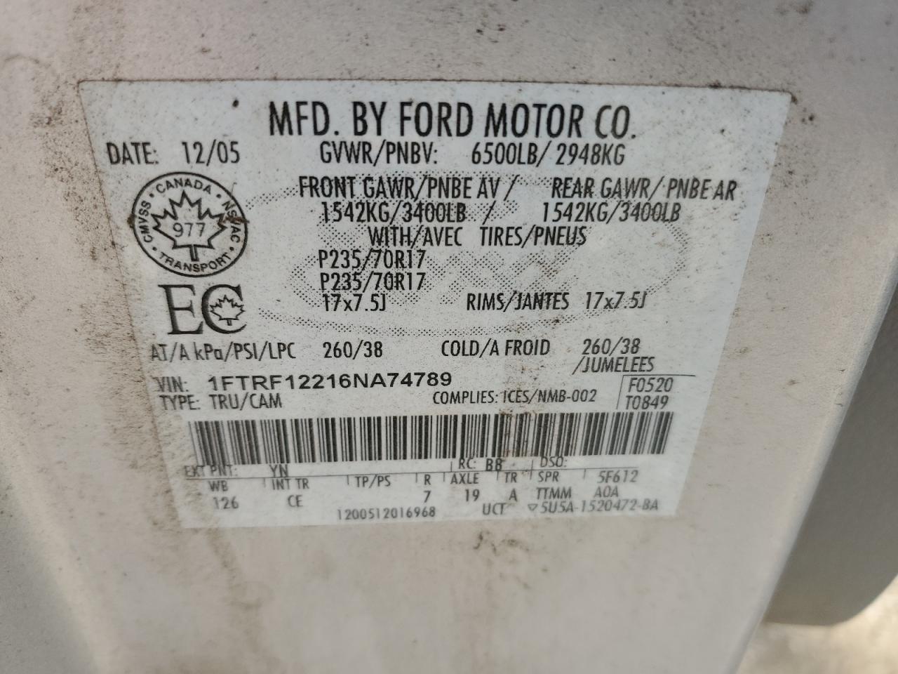 1FTRF12216NA74789 2006 Ford F150