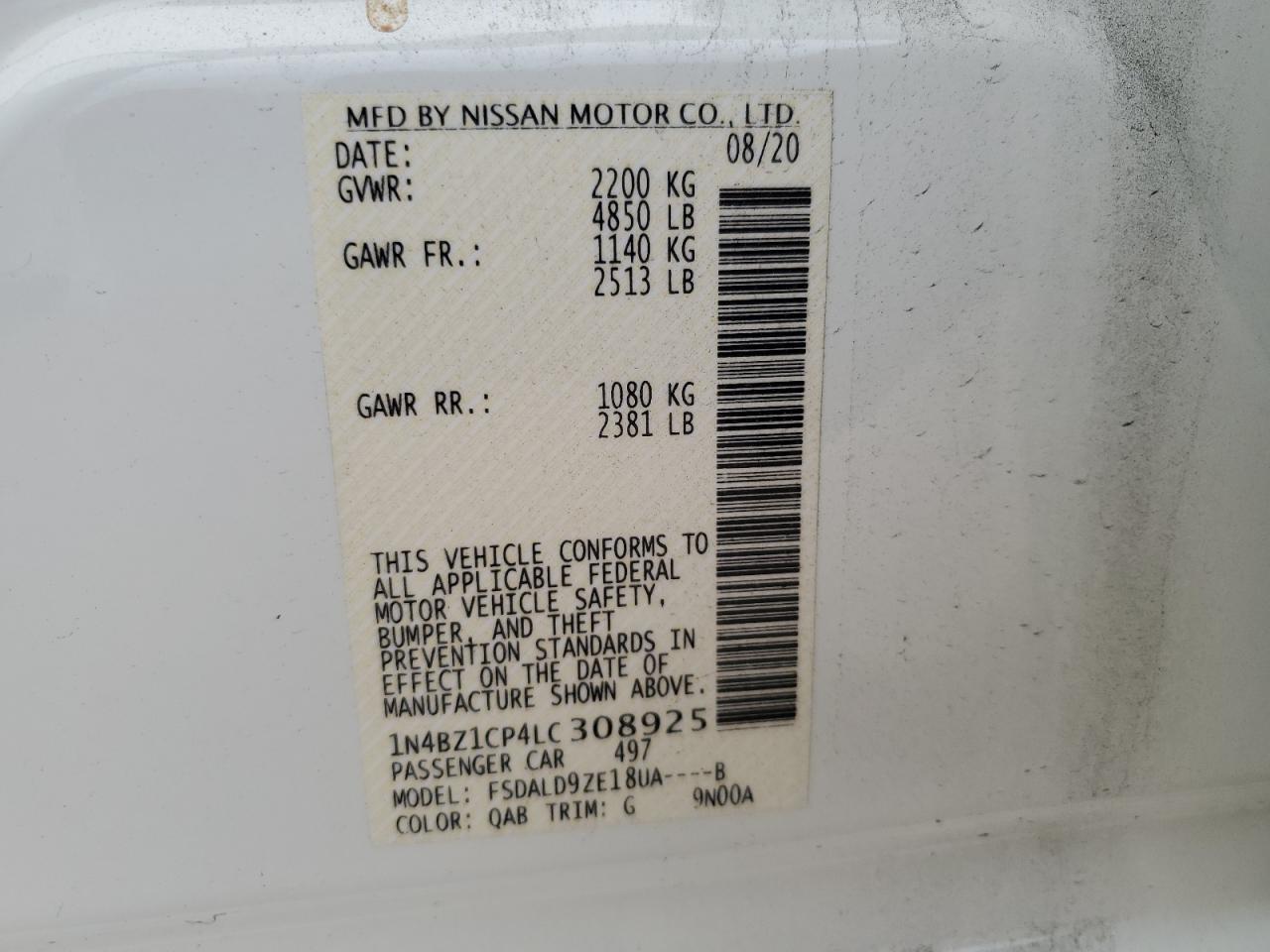 1N4BZ1CP4LC308925 2020 Nissan Leaf Sv Plus