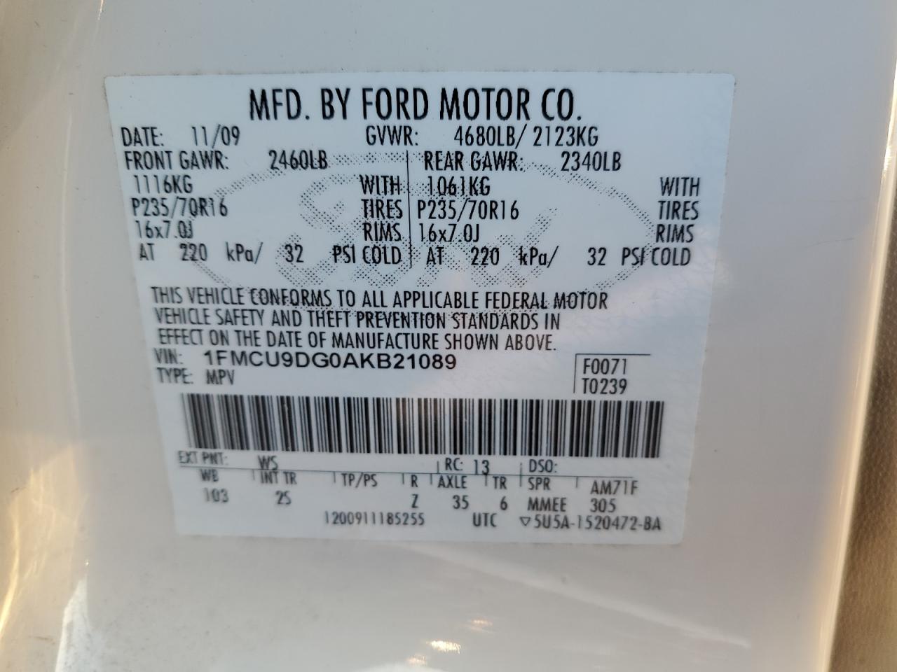 2010 Ford Escape Xlt VIN: 1FMCU9DG0AKB21089 Lot: 69761384