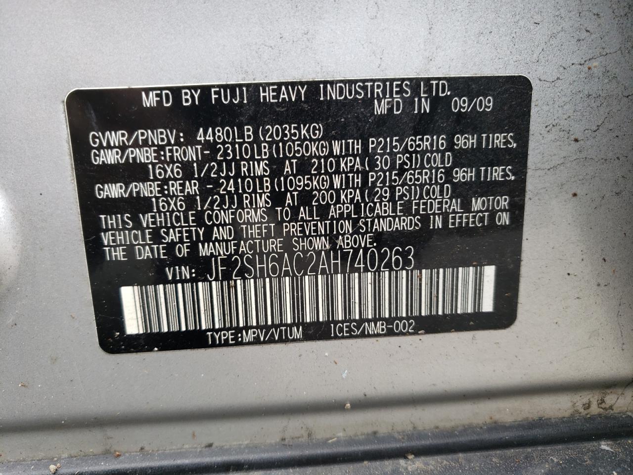 JF2SH6AC2AH740263 2010 Subaru Forester 2.5X