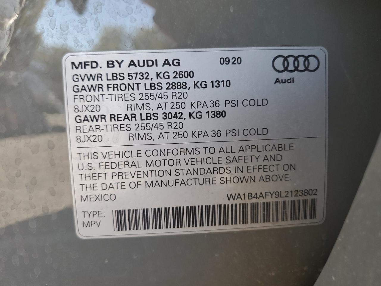 2020 Audi Sq5 Premium Plus VIN: WA1B4AFY9L2123802 Lot: 69876454