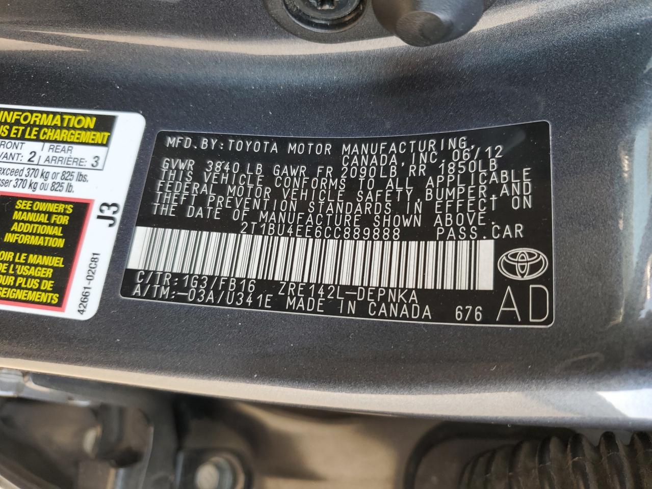 2T1BU4EE6CC889888 2012 Toyota Corolla Base