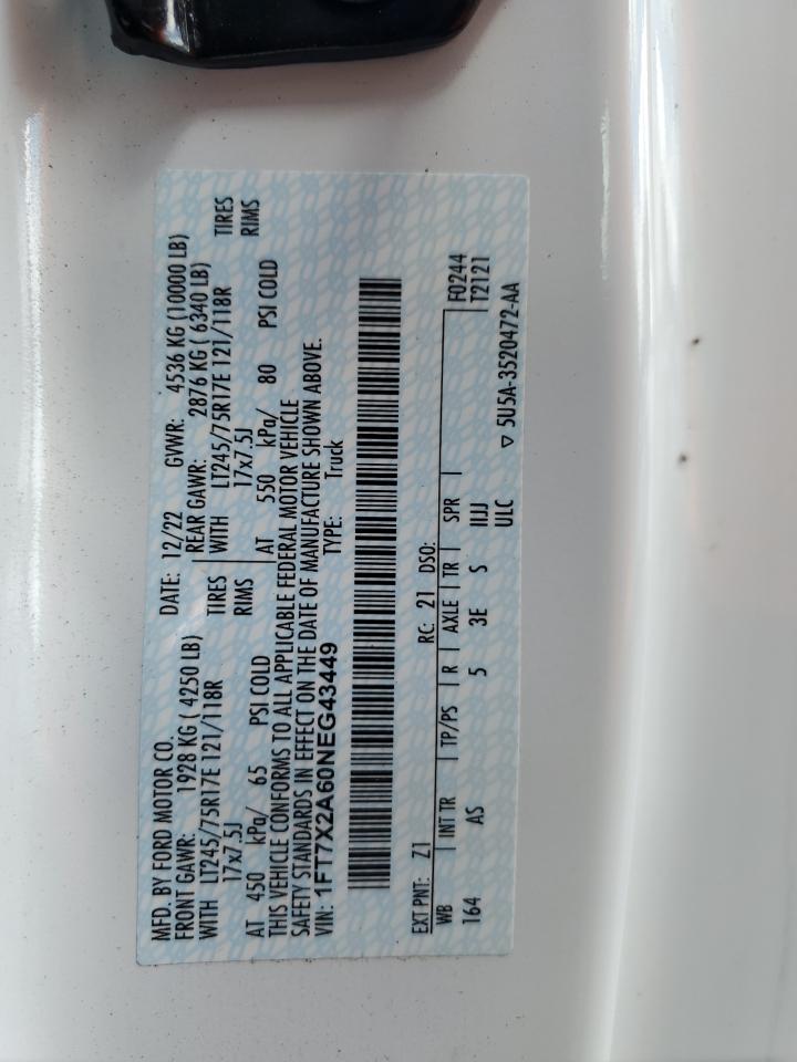 2022 Ford F250 Super Duty VIN: 1FT7X2A60NEG43449 Lot: 70614444
