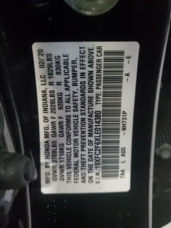 2020 Honda Civic Lx VIN: 19XFC2F6XLE014380 Lot: 72949244