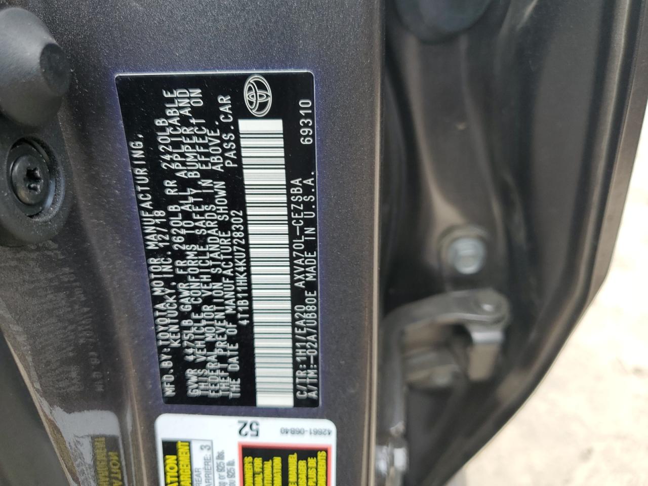 4T1B11HK4KU728302 2019 Toyota Camry L