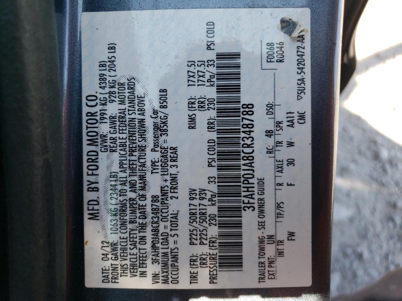 3FAHP0JA8CR348788 2012 Ford Fusion Sel