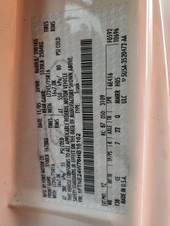 2006 Ford Econoline E250 Van VIN: 1FTNE24W76HB16162 Lot: 72996024