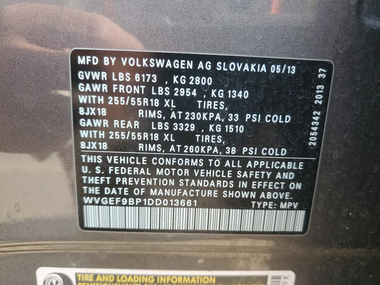 2013 Volkswagen Touareg V6 VIN: WVGEF9BP1DD013661 Lot: 70340154