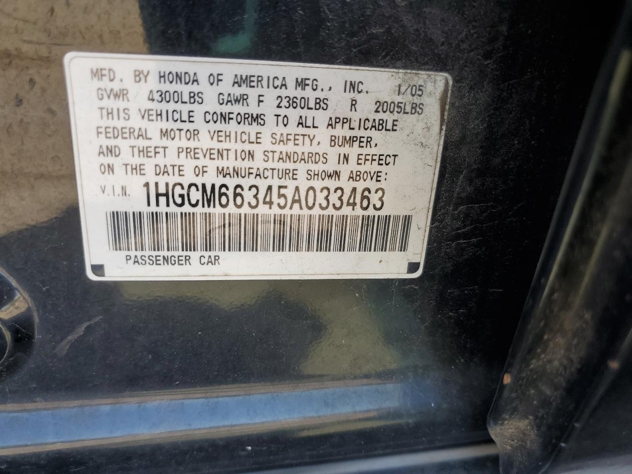 1HGCM66345A033463 2005 Honda Accord Lx