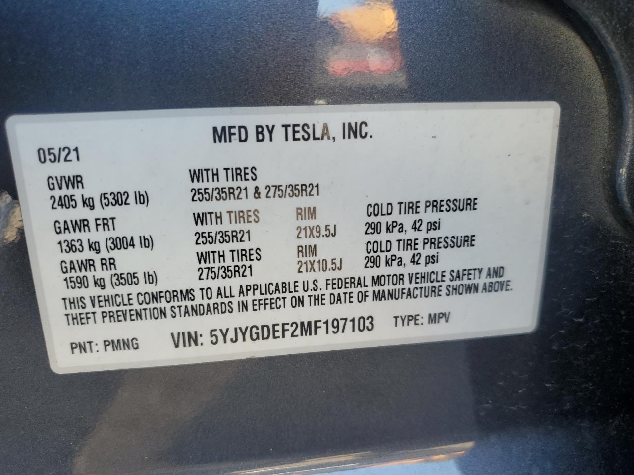 2021 Tesla Model Y VIN: 5YJYGDEF2MF197103 Lot: 72444514