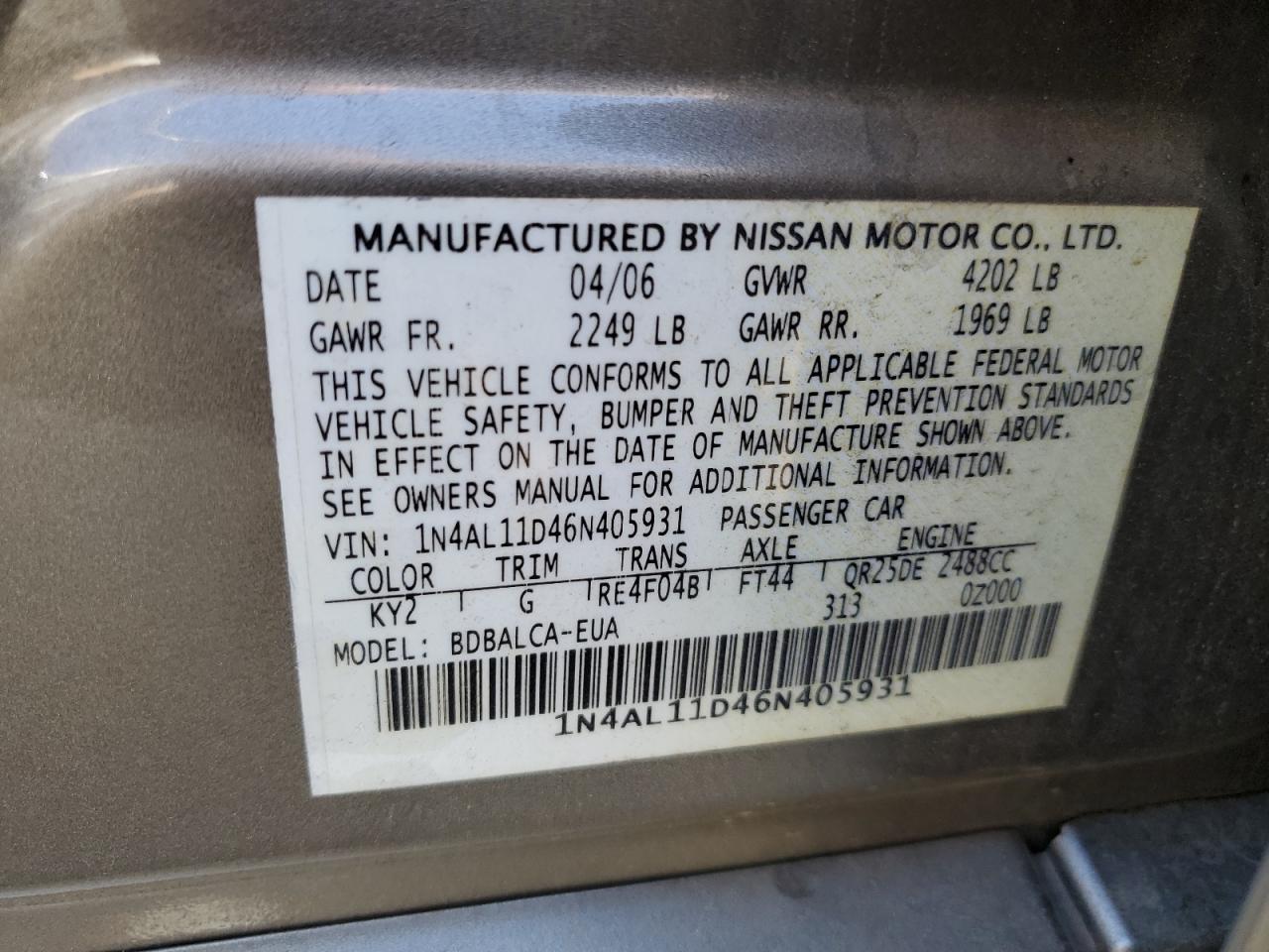 1N4AL11D46N405931 2006 Nissan Altima S