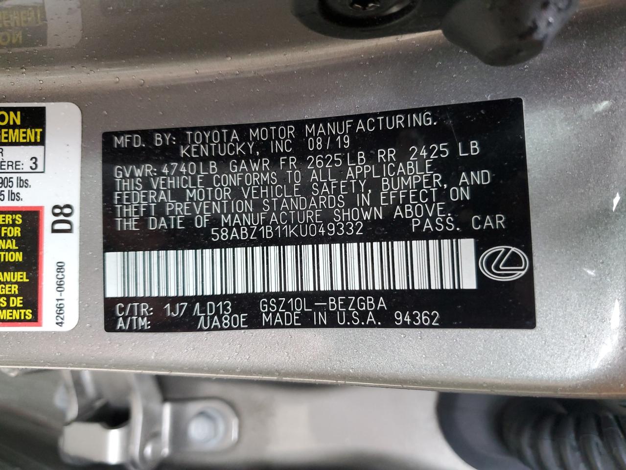 58ABZ1B11KU049332 2019 Lexus Es 350