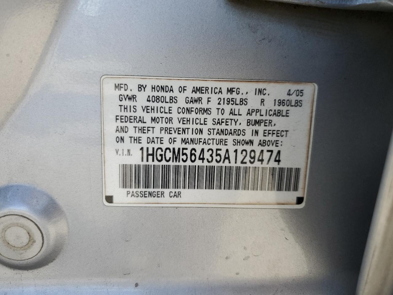 1HGCM56435A129474 2005 Honda Accord Lx