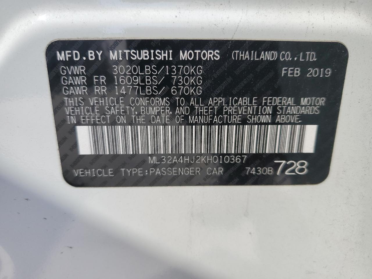 2019 Mitsubishi Mirage Se VIN: ML32A4HJ2KH010367 Lot: 73601784