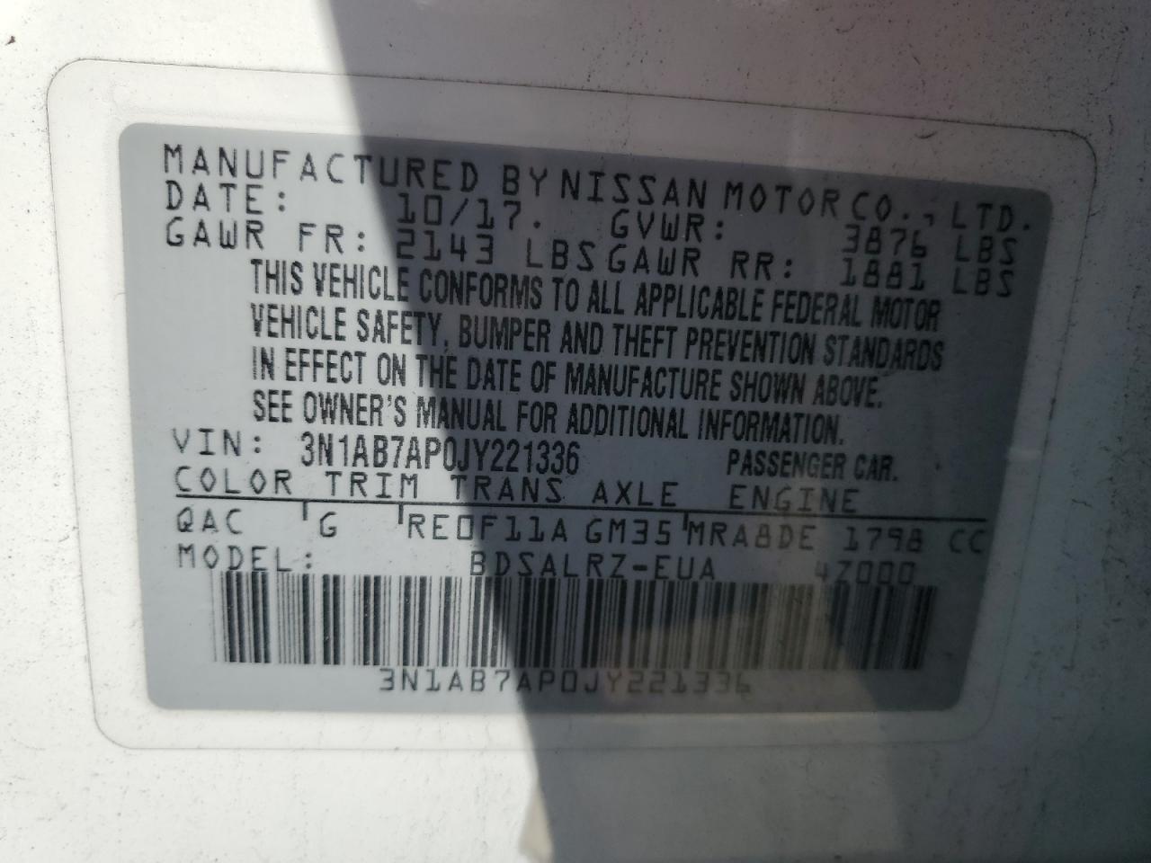 3N1AB7AP0JY221336 2018 Nissan Sentra S