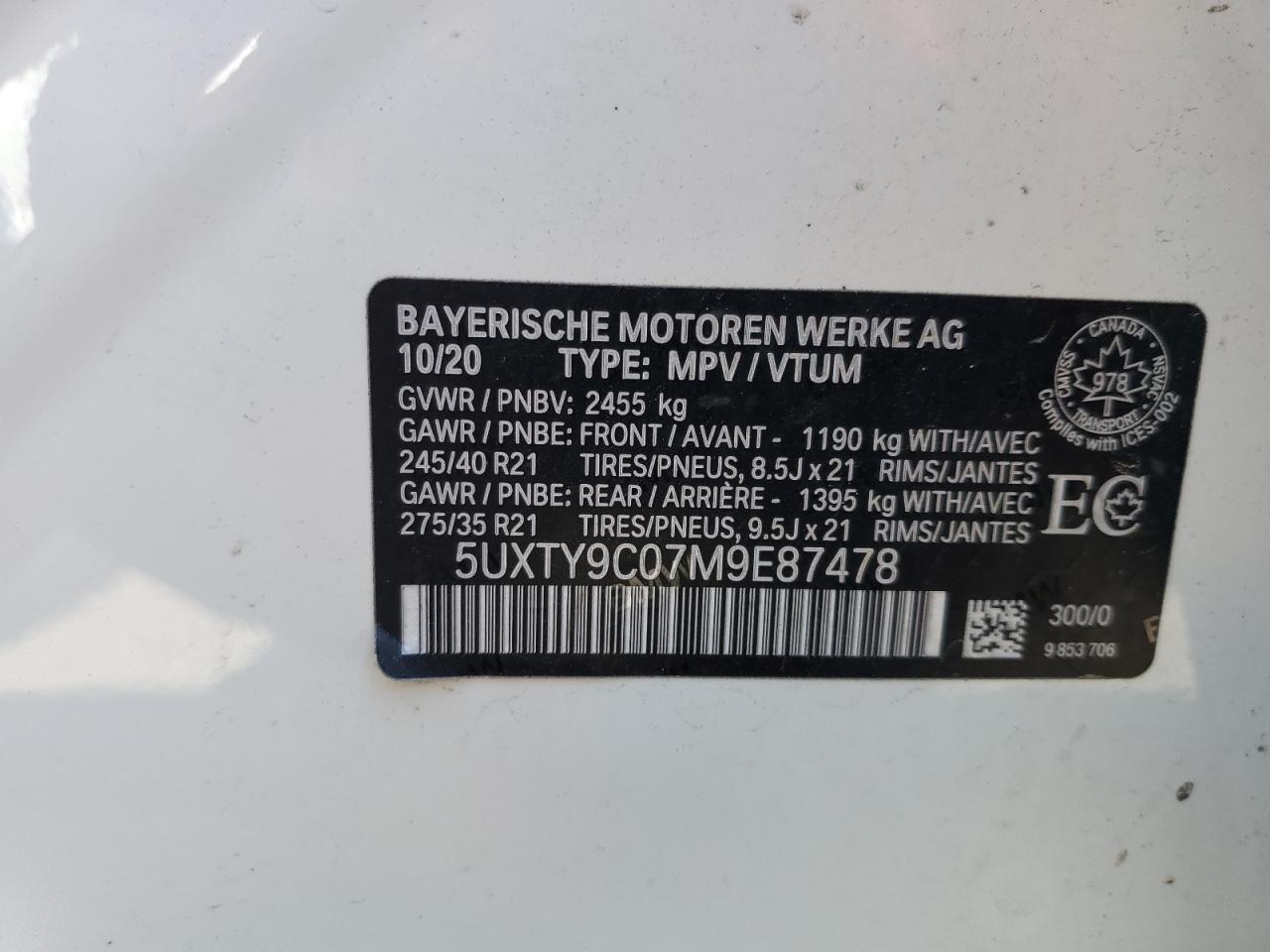 5UXTY9C07M9E87478 2021 BMW X3 xDrivem40I