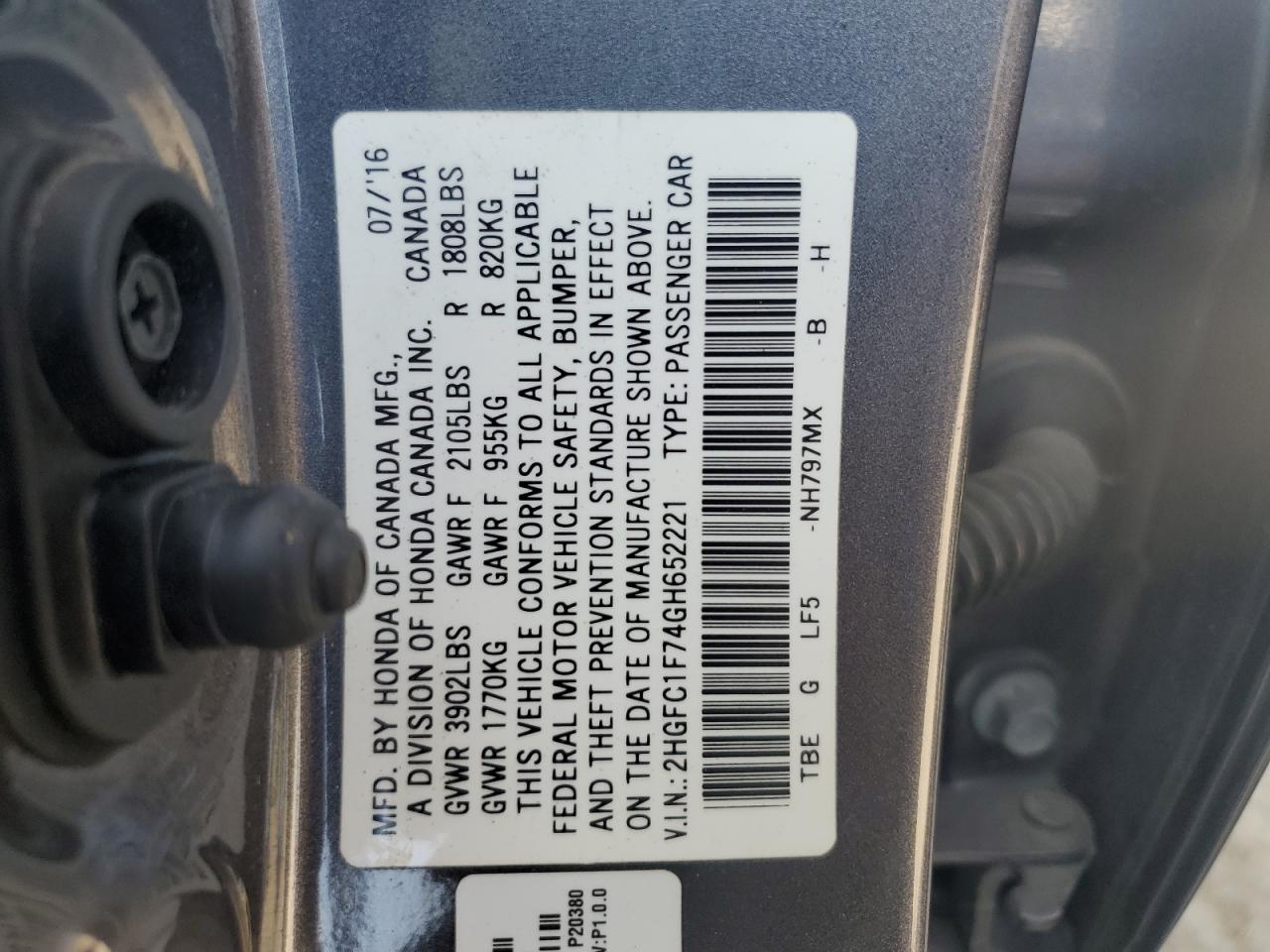 2HGFC1F74GH652221 2016 Honda Civic Exl
