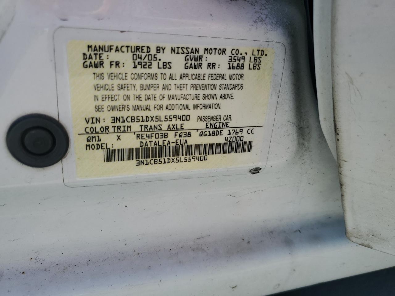 2005 Nissan Sentra 1.8 VIN: 3N1CB51DX5L559400 Lot: 71477504