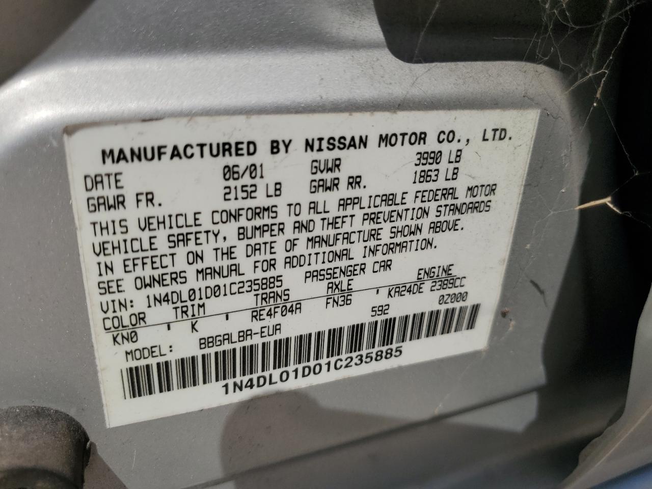 2001 Nissan Altima Xe VIN: 1N4DL01D01C235885 Lot: 72477444