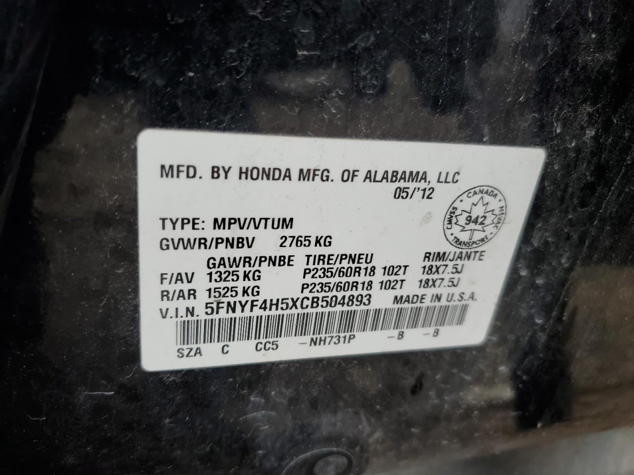 5FNYF4H5XCB504893 2012 Honda Pilot Exl