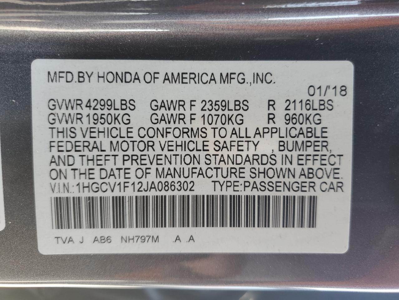 1HGCV1F12JA086302 2018 Honda Accord Lx