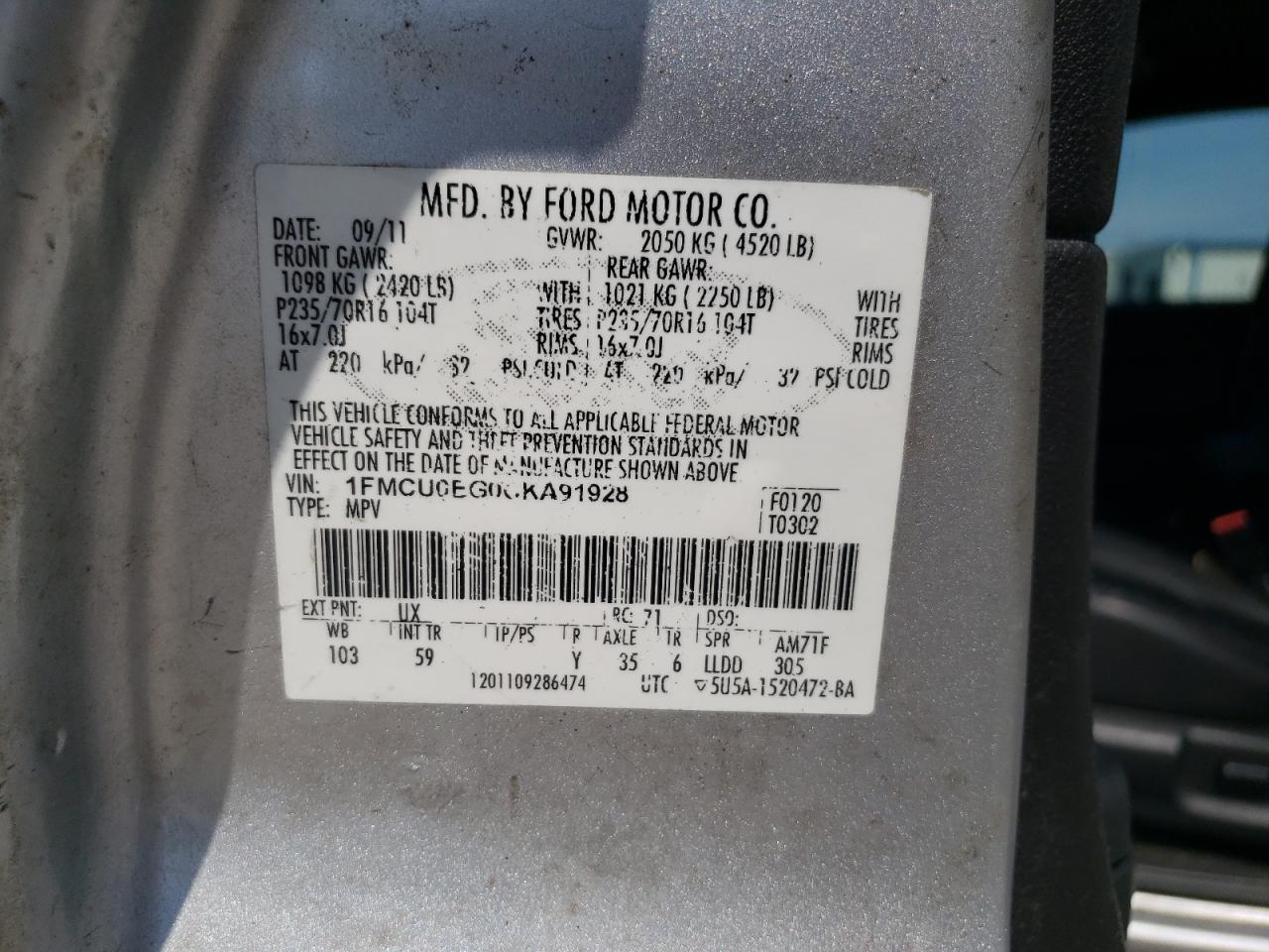 1FMCU0EG0CKA91928 2012 Ford Escape Limited