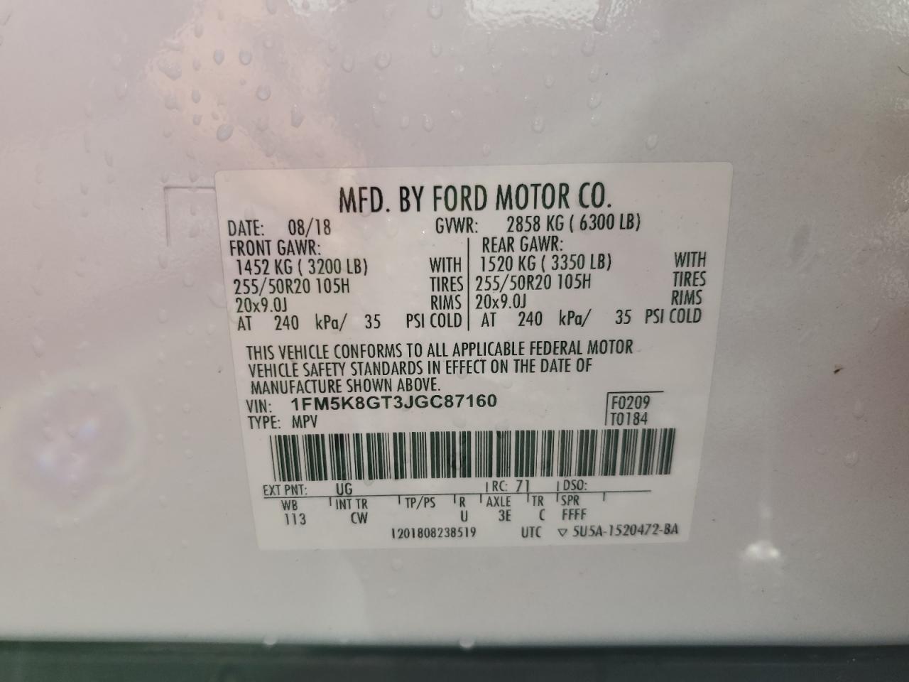 1FM5K8GT3JGC87160 FORD EXPLORER 2018