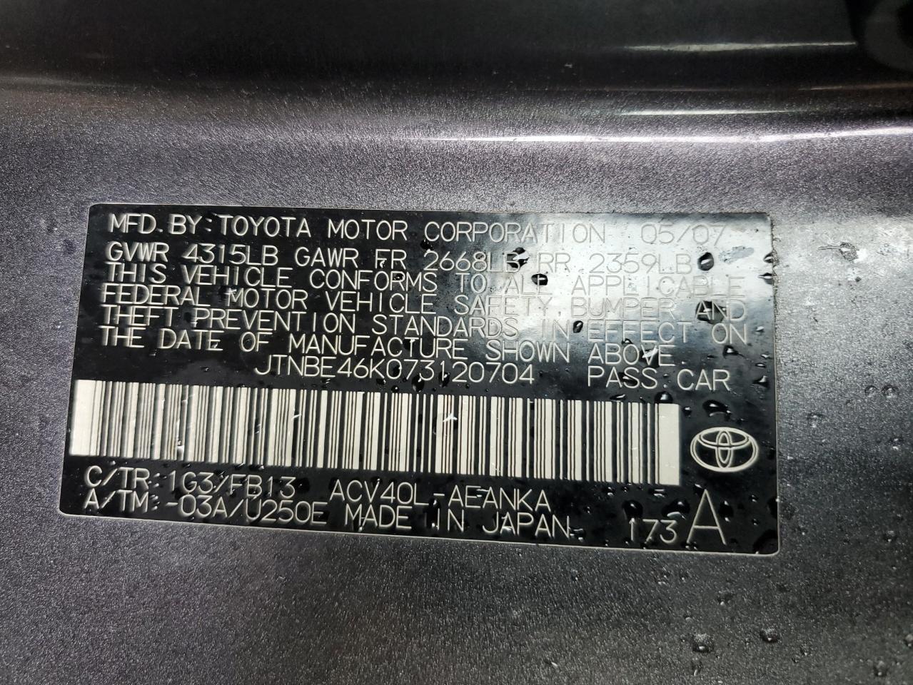 JTNBE46K073120704 2007 Toyota Camry Ce