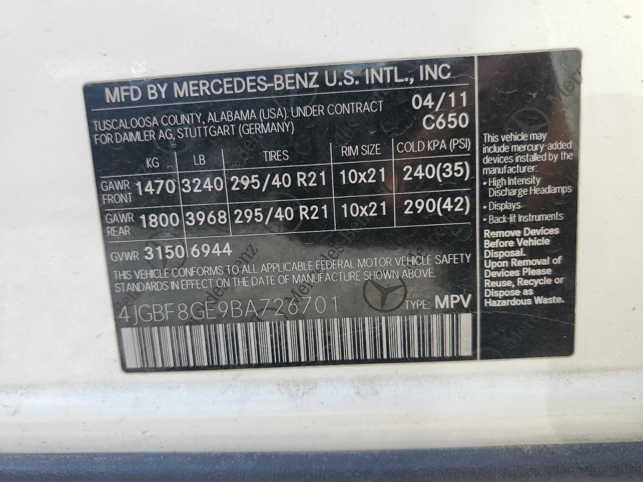 4JGBF8GE9BA726701 2011 Mercedes-Benz Gl 550 4Matic