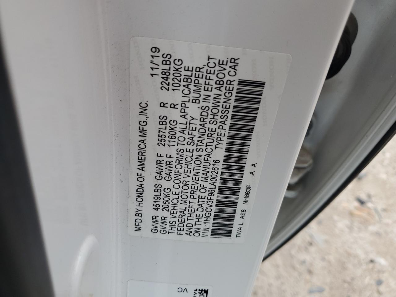 1HGCV3F96LA002616 2020 Honda Accord Touring Hybrid