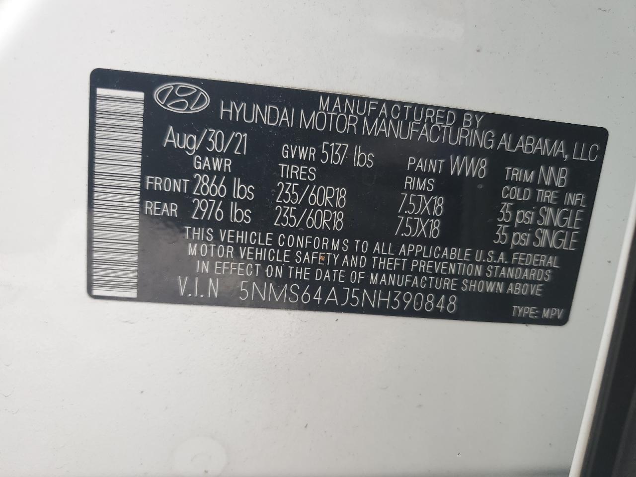 5NMS64AJ5NH390848 2022 Hyundai Santa Fe Sel